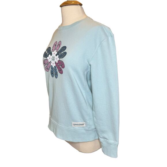 Life is Good Crewneck Graphic Sweatshirt Sz M Blue Daisy Flip-Flop Fleece Cotton - Picture 4 of 10